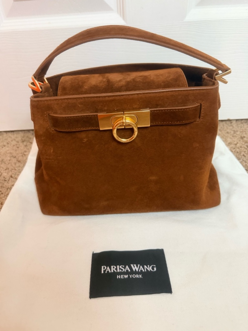 Parisa Wang Chestnut Suede Top-Handle Satchel with Gold Ring Hardware